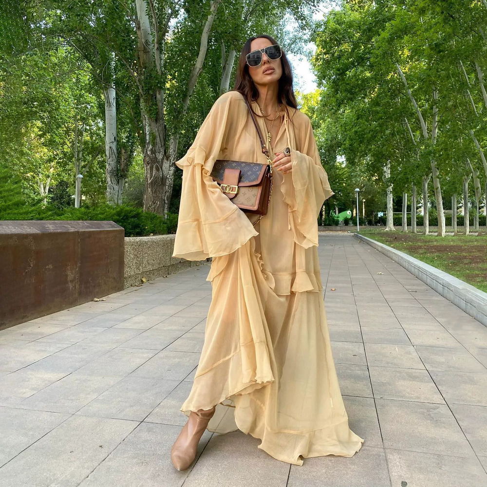 ZARA Beach Bell Sleeve Deep V Neck Sheer Ruffle Hem Maxi Dress
